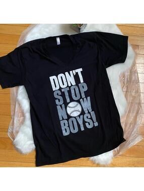 Black V-Neck T-Shirt with 'Don't Stop Now, Medium